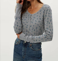 Michael Stars Regan Floral Thermal Henley Tee in sterling - women's long sleeve top - alternate view