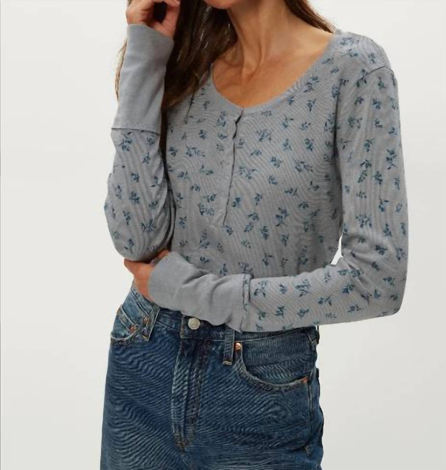 Michael Stars Regan Floral Thermal Henley Tee in sterling - women's long sleeve top - alternate view