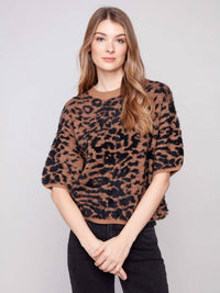 CHARLIE B Hairy Jacquard Knit Elbow Sleeve Balloon Sweater in leopard - women's sweater