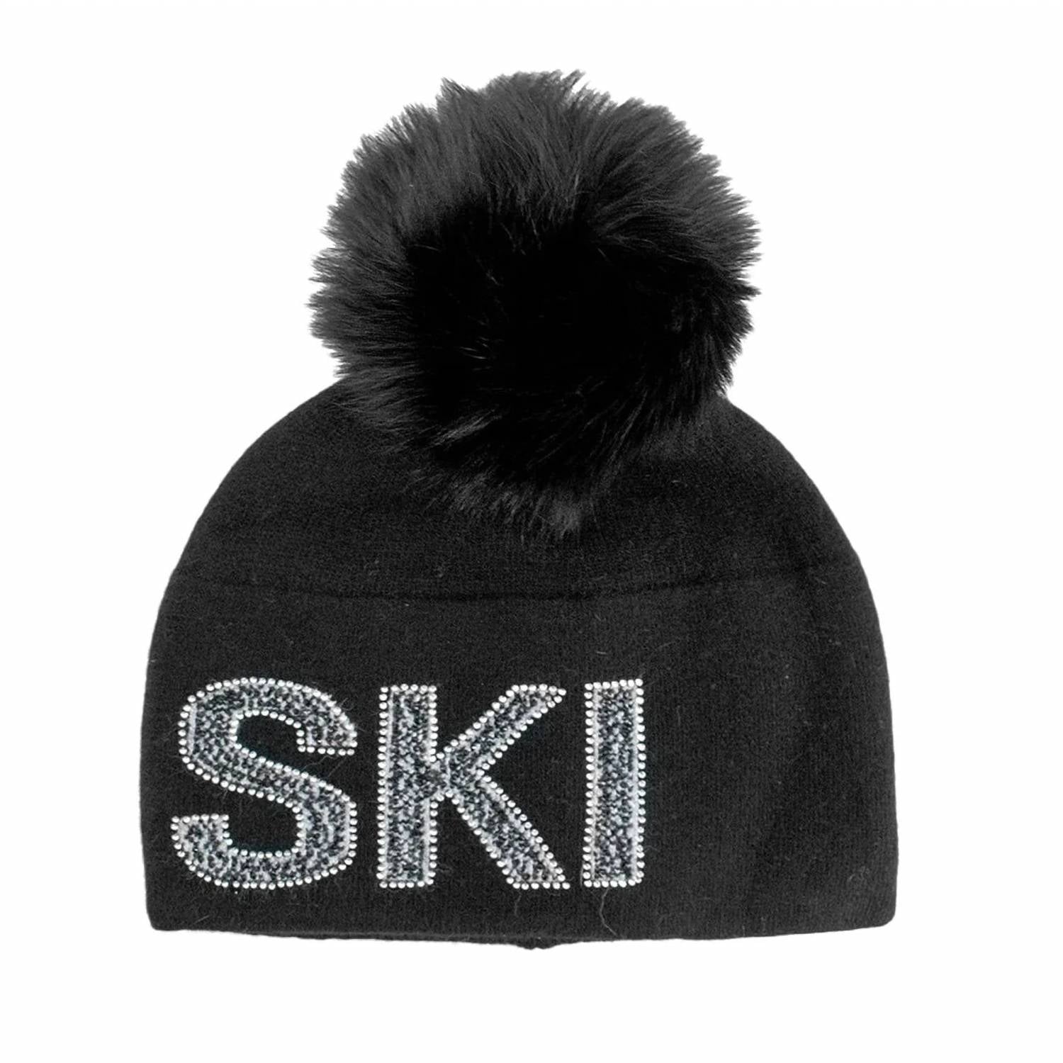 Mitchie'S Matchings - Women's Knit Ski Beanie With Crystals & Fox Fur Pom Pom