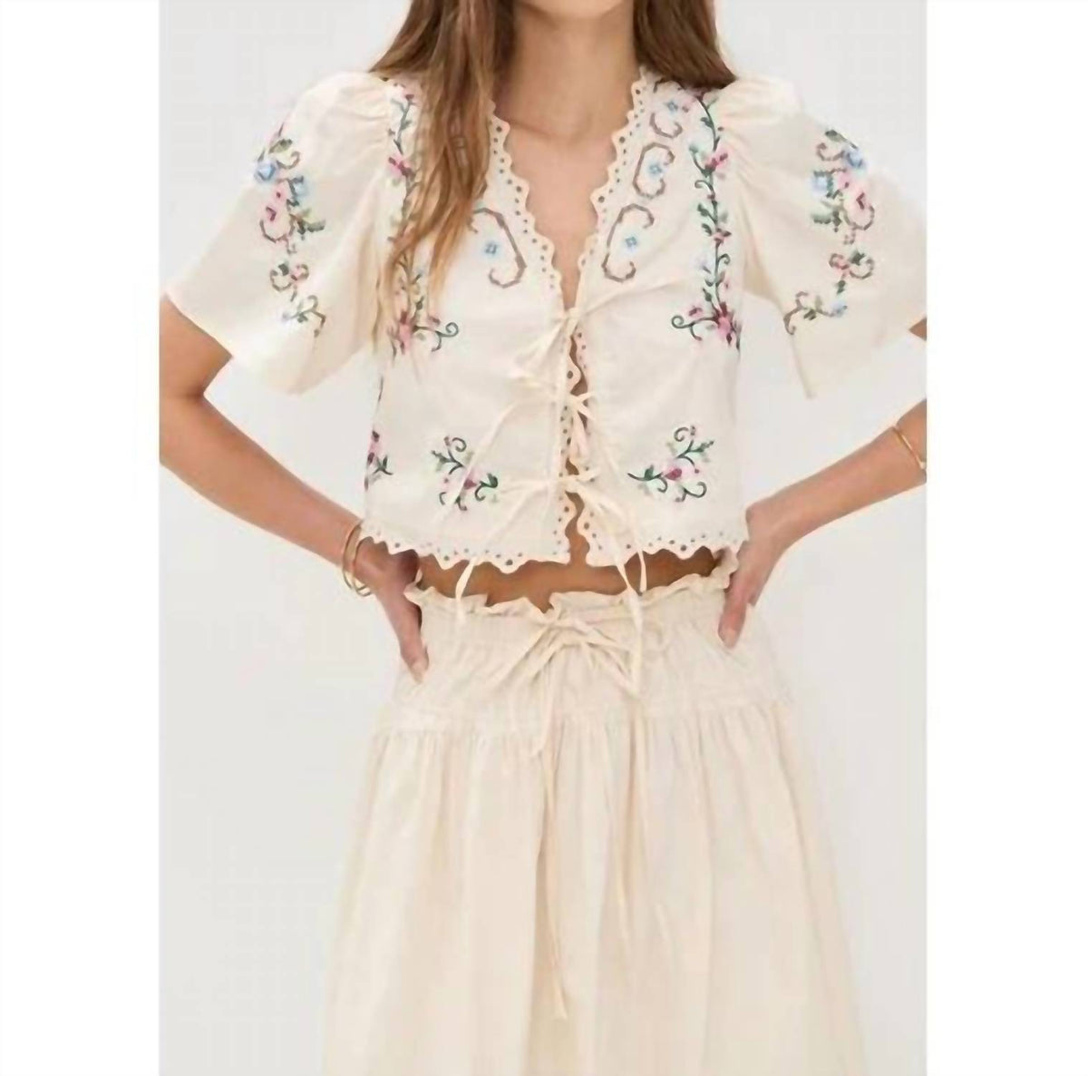 Moon River - Short Puff Sleeve Eyelet Top With Tie