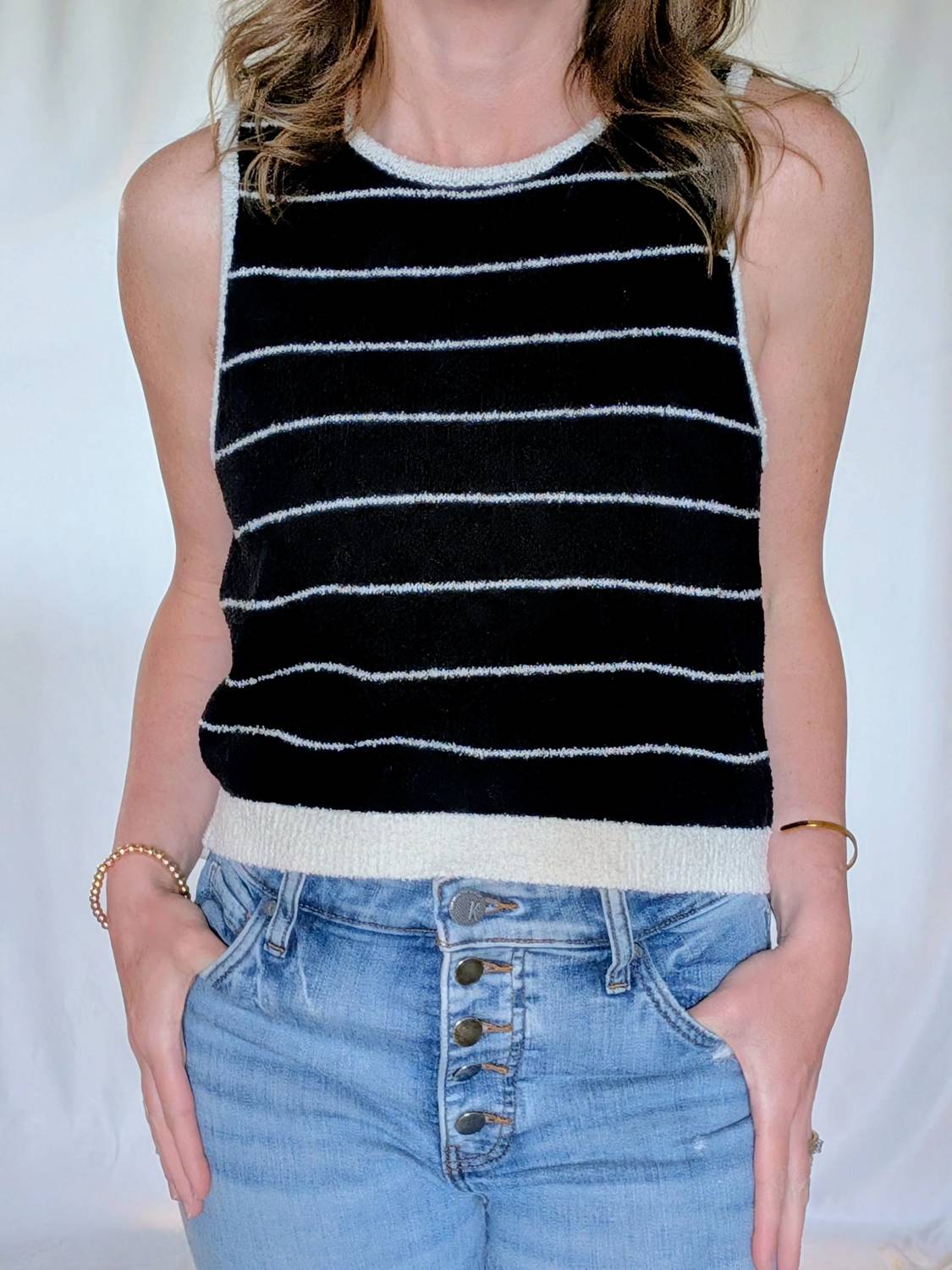 Miou Muse - SHORT SLEEVE WIDE PINSTRIPED KNITTED TOP
