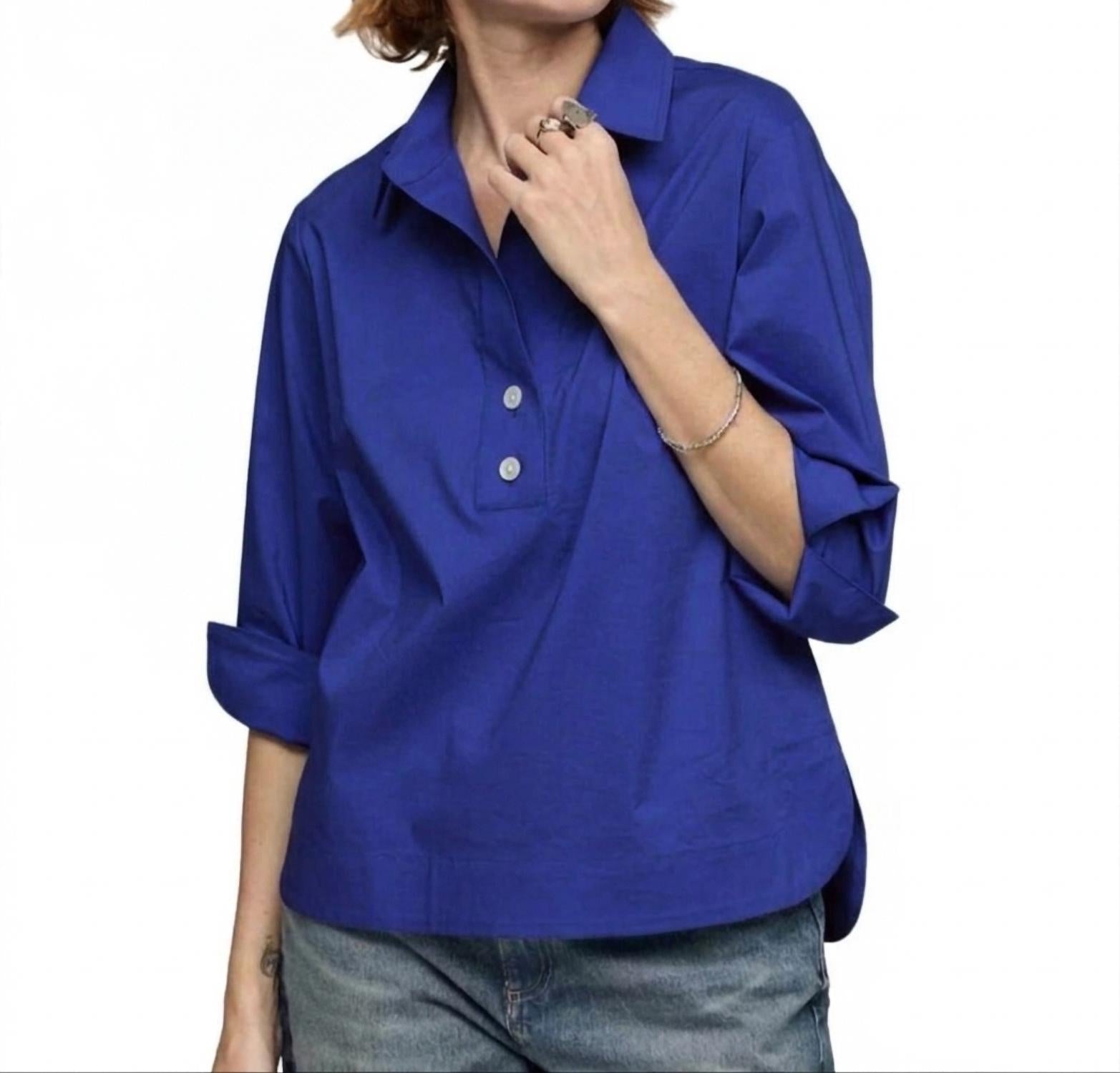 Hinson Wu Aileen 3/4 Sleeve Button Back Top in marine blue - women's blouse - detail view