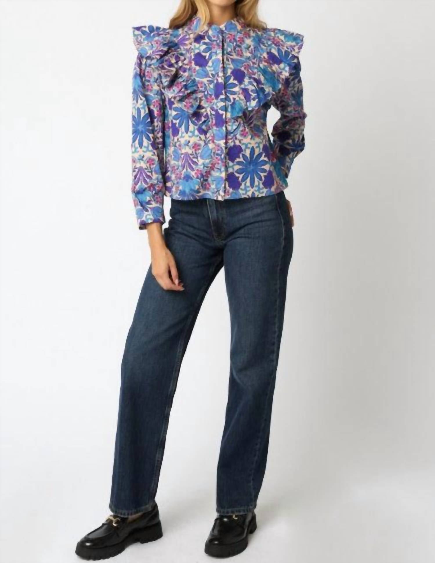 OLIVACEOUS Floral Ruffled Button Down Top in purple - women's blouse