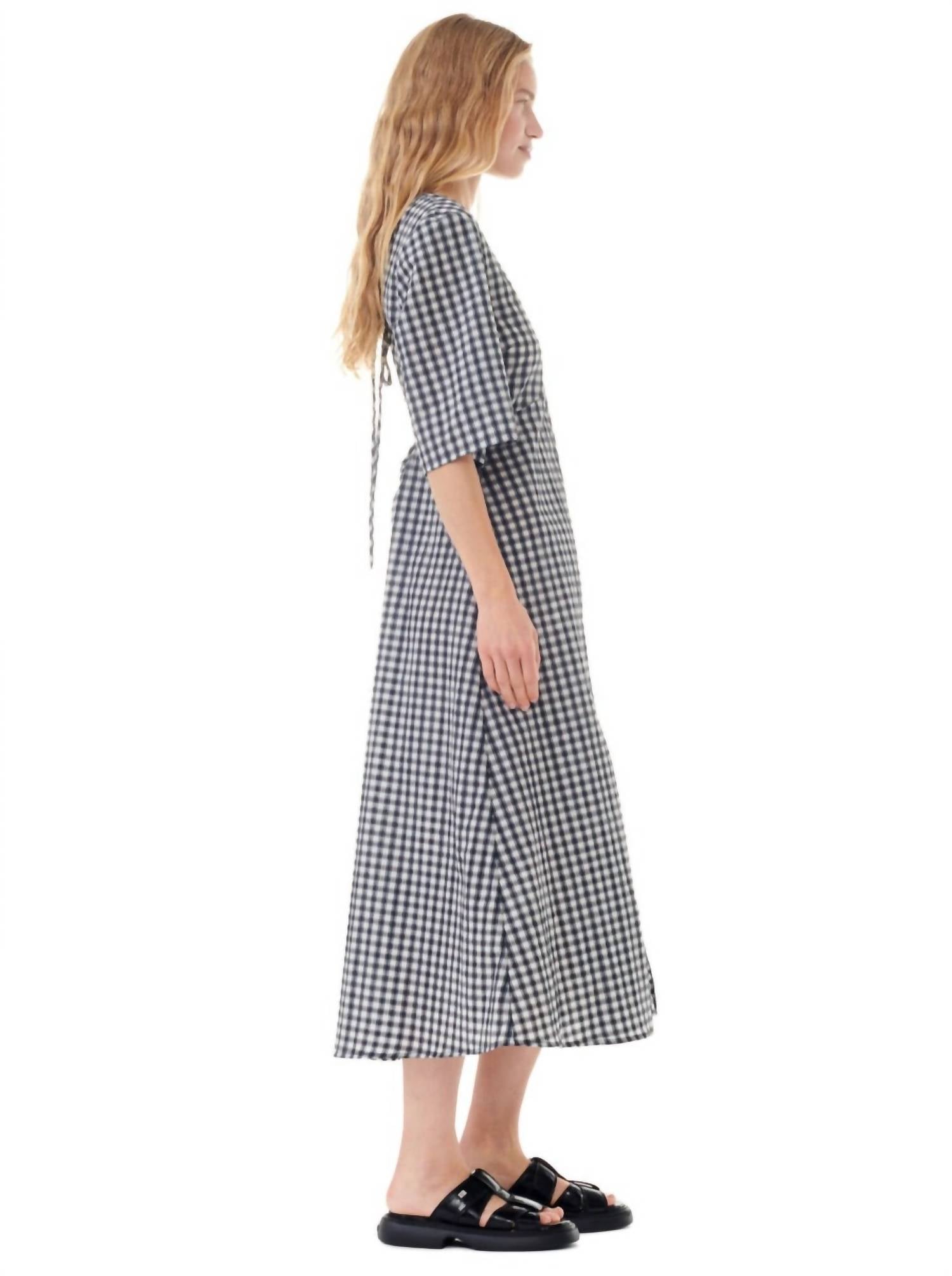 Ganni - Seersucker Check V-Neck Long Dress