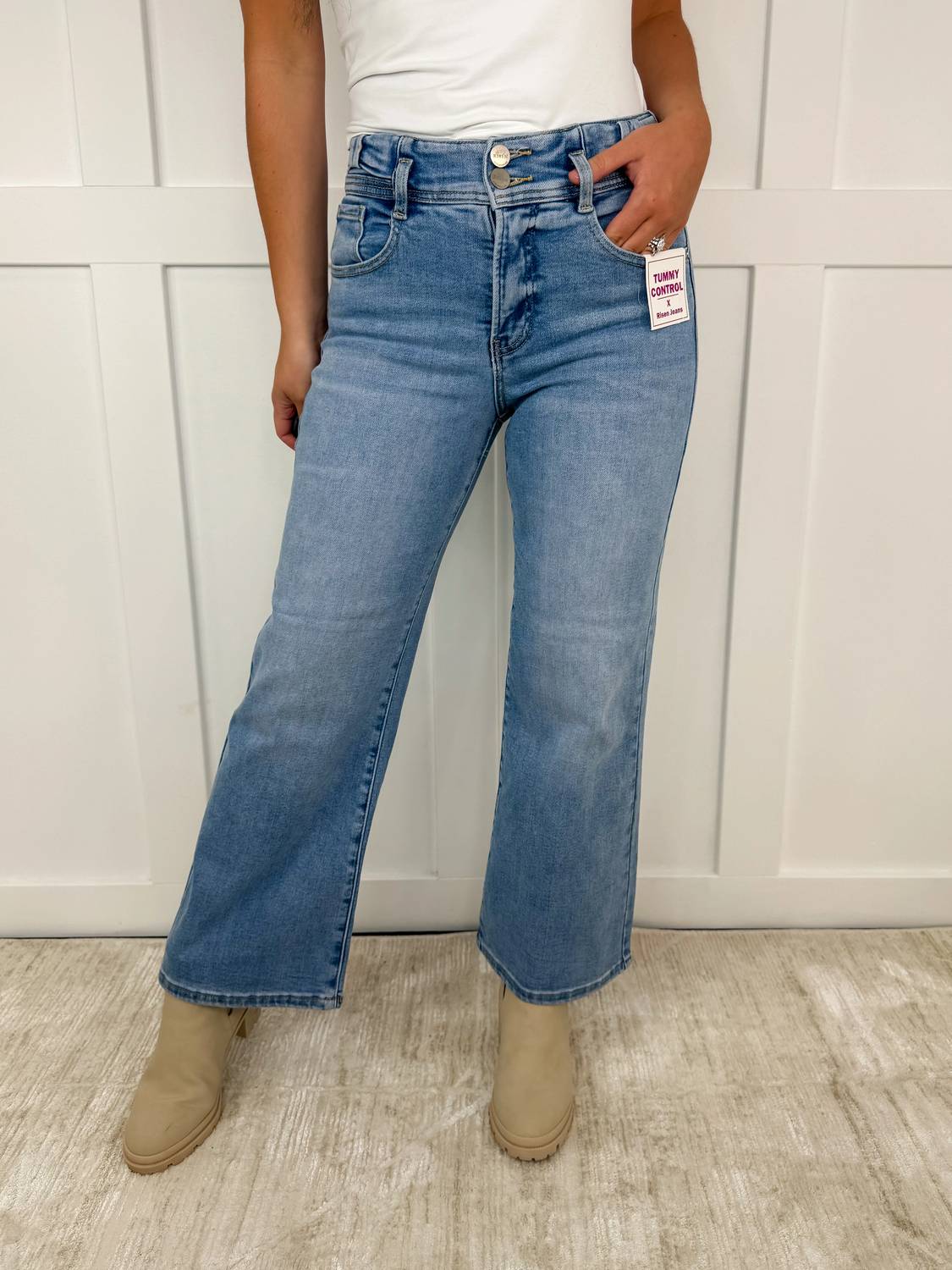 Risen - Caitlyn Tummy Control High-rise Cropped Wide Leg Jeans