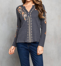 PAPARAZZI Thermal Knit Embroidered Henley Top in charcoal - women's blouse - detail view