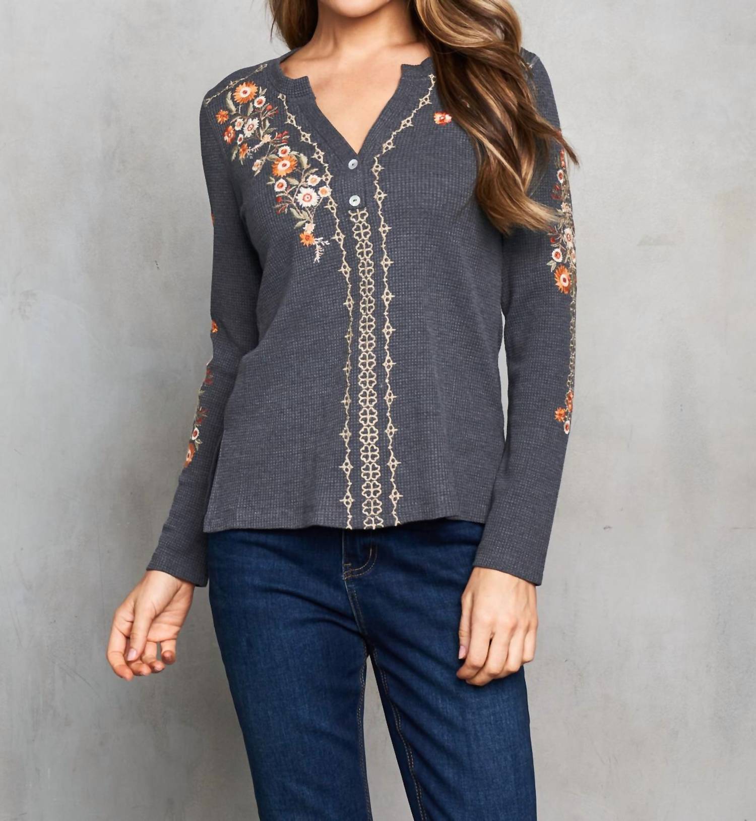 PAPARAZZI Thermal Knit Embroidered Henley Top in charcoal - women's blouse - detail view
