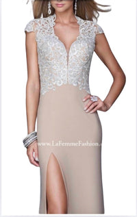 La Femme - jersey dress with an elegant embroidered bodice and sheer cap sleeves.