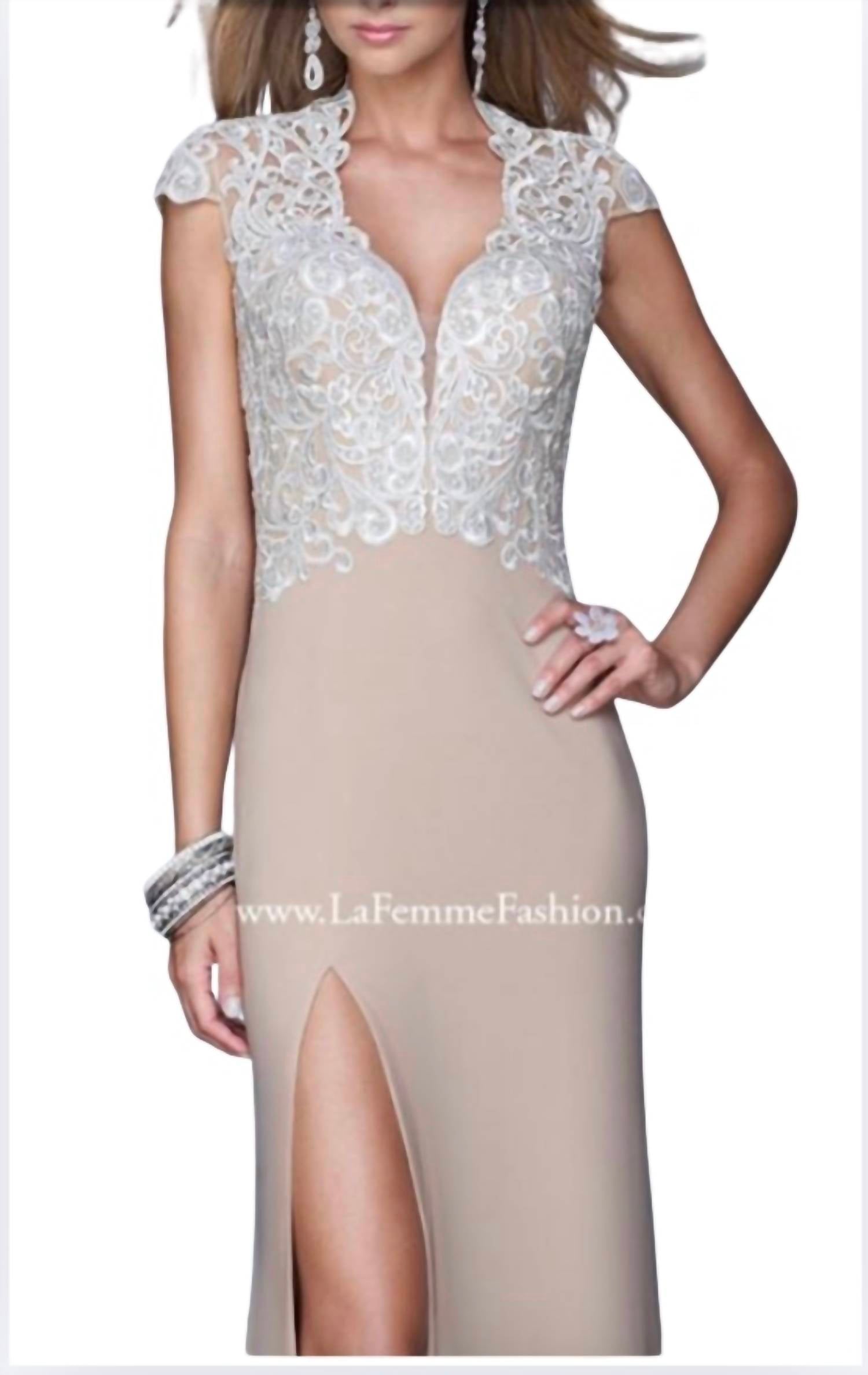 La Femme - jersey dress with an elegant embroidered bodice and sheer cap sleeves.