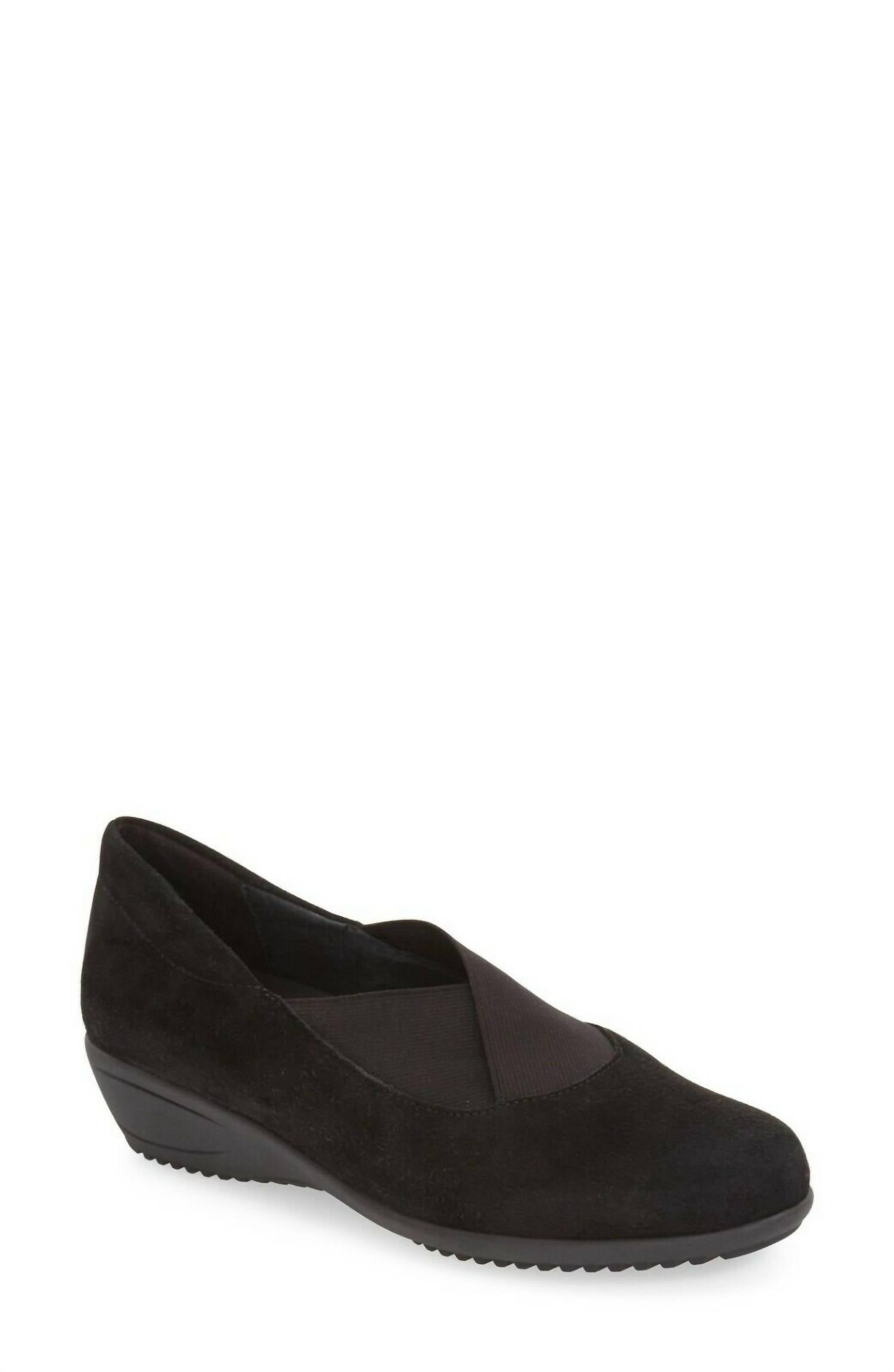 Ara Women's Lael Slip-on Wedge Shoe in black suede - women's shoe - detail view