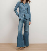 Veronica Beard Eddie Embellished Chambray Shirt in riviera breeze - women's shirt