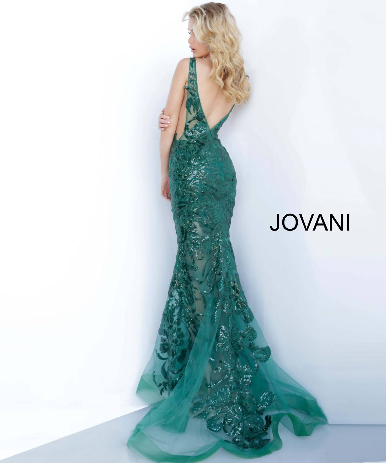 JOVANI Plunging Neckline Embellished Prom Dress in forest - women's dress - alternate view