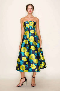B.Right - Floral Jacquard Strapless Pleated Midi Dress