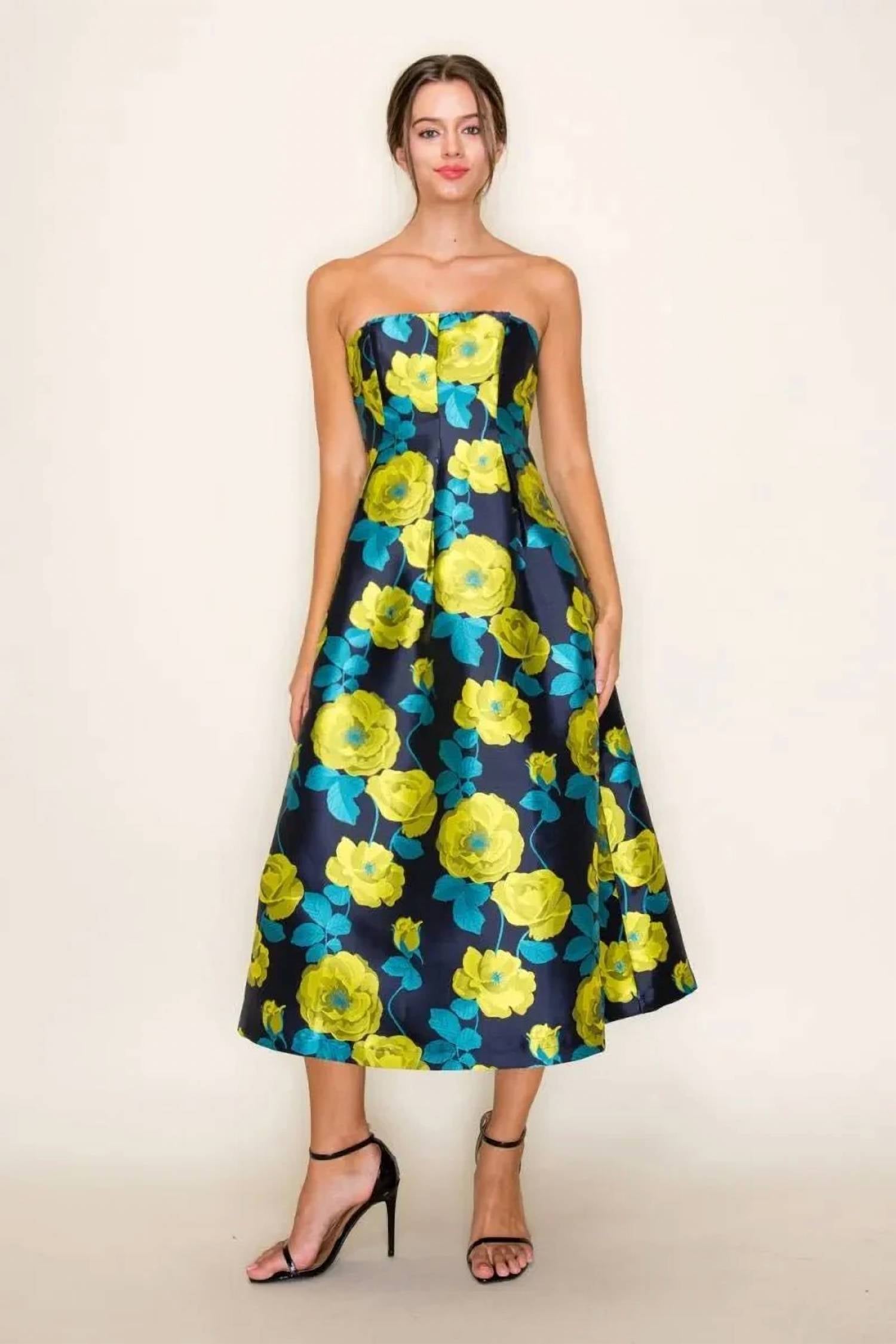 B.Right - Floral Jacquard Strapless Pleated Midi Dress