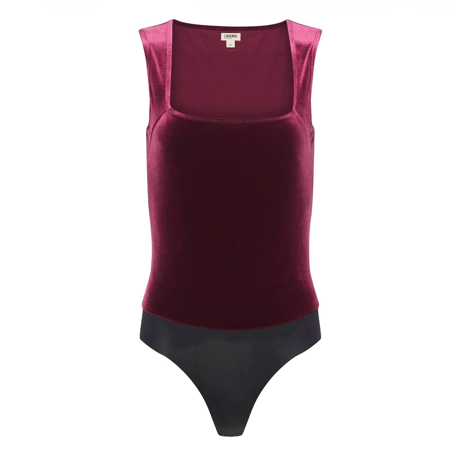 L'Agence Molly Velvet Bodysuit in dart port - women's shirt - alternate view
