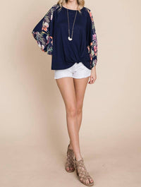 Emerald Collection - Floral Chiffon Sleeves Contrast Top - Plus