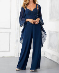 Morilee - 3 Piece Set Beaded Chiffon Pant Suit