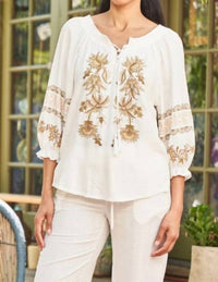 Paparazzi - Linen Blend Embroidered Peasant Shirt