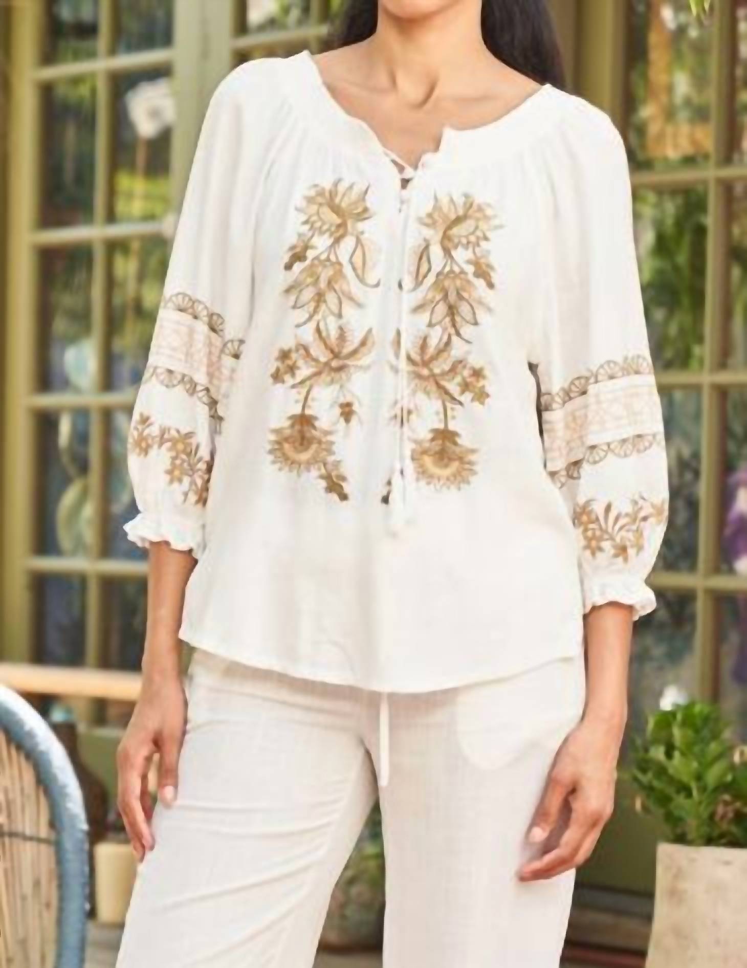 Paparazzi - Linen Blend Embroidered Peasant Shirt