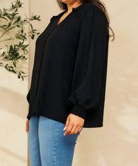 Oddi - Solid Long Puff Sleeves Woven Blouse - Plus