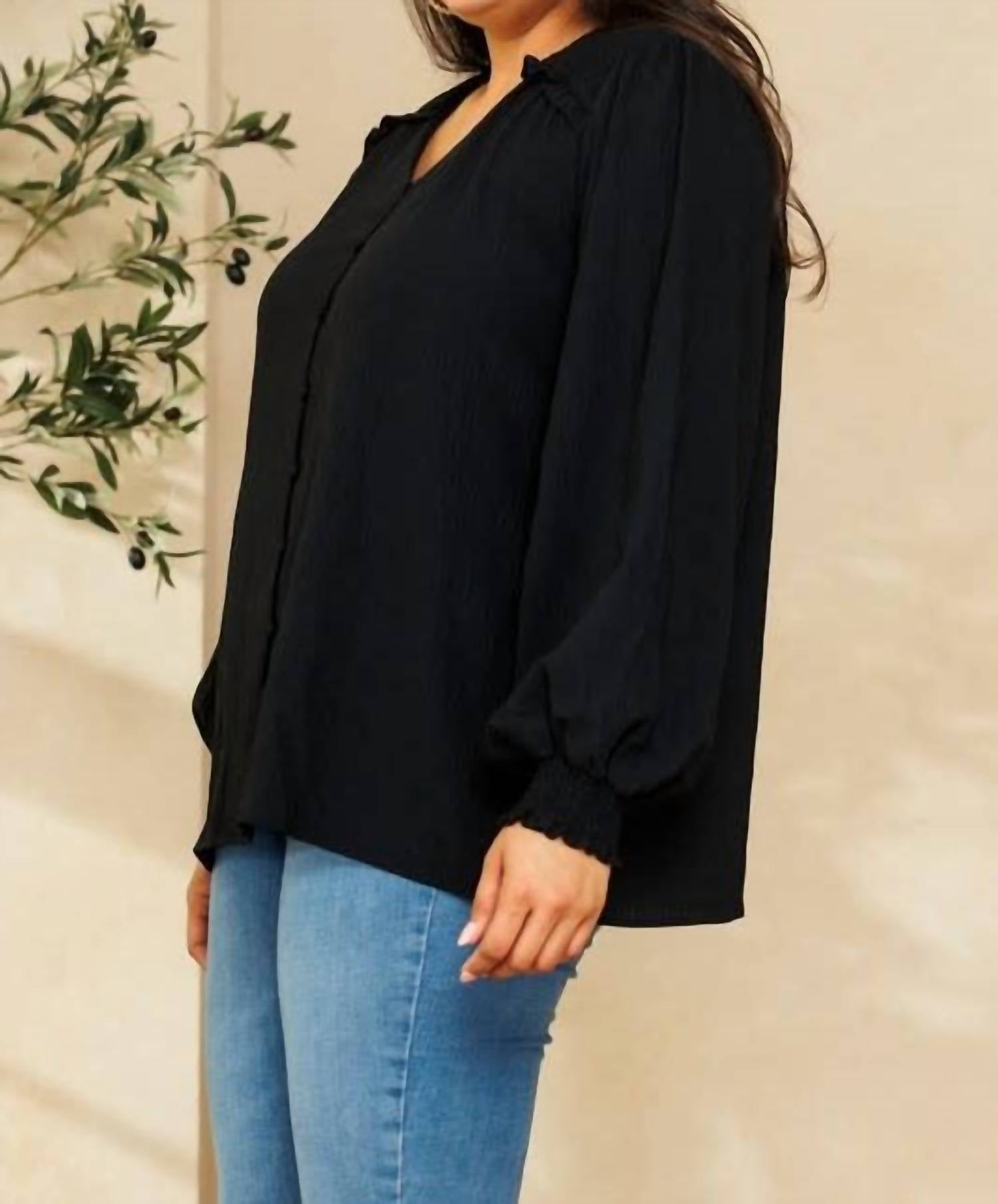 Oddi - Solid Long Puff Sleeves Woven Blouse - Plus
