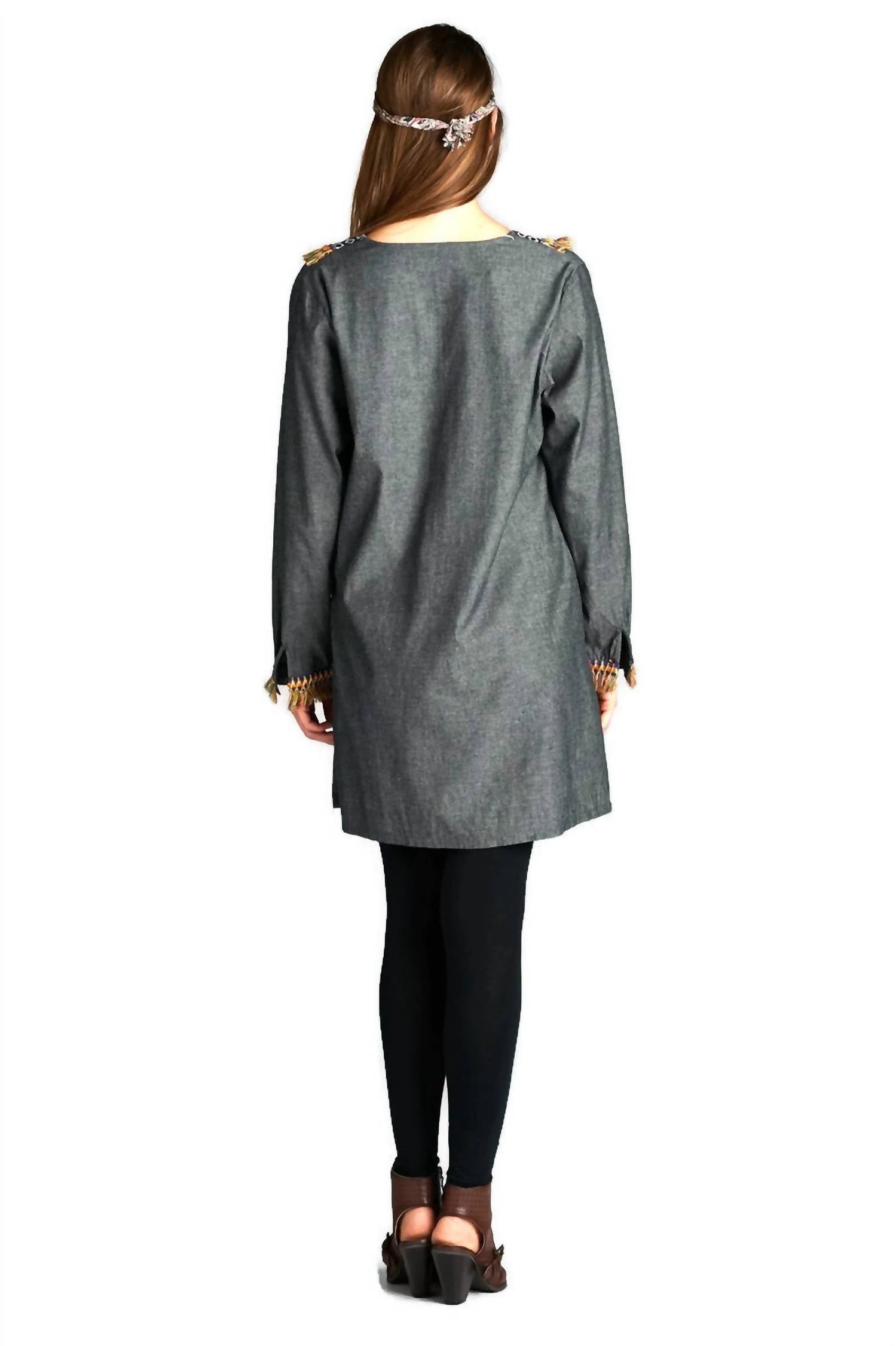 Velzera - Fringe Geometric Chambray Mini Dress
