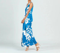 Clara Sun Woo Crushed Silk Knit Maxi Dress in blue cream print - women's dress - detail view