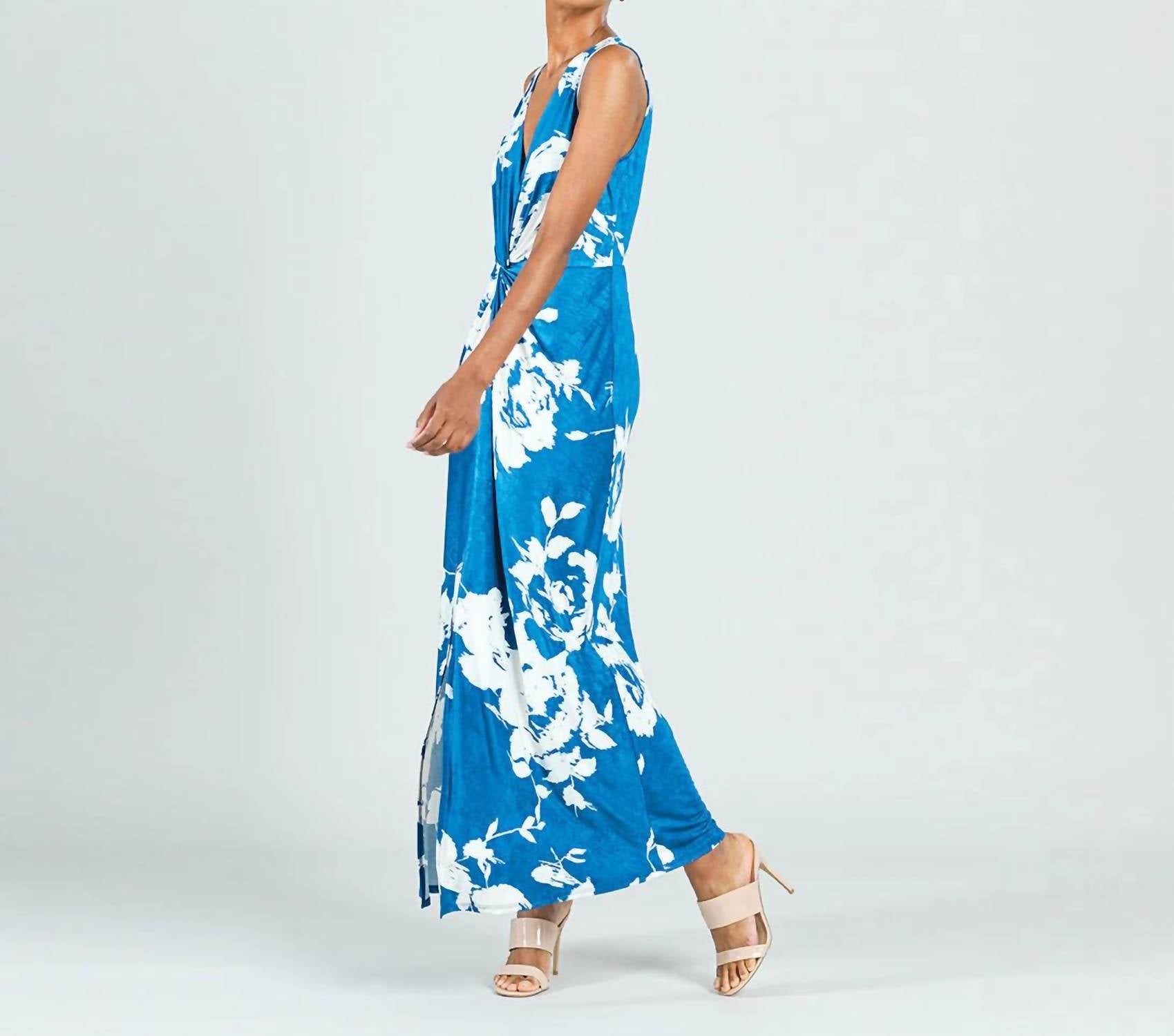 Clara Sun Woo Crushed Silk Knit Maxi Dress in blue cream print - women's dress - detail view