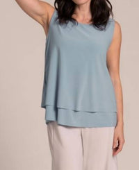 Sympli Sleeveless Double Layer Shell Top With Jewel Neck in stone blue - women's blouse