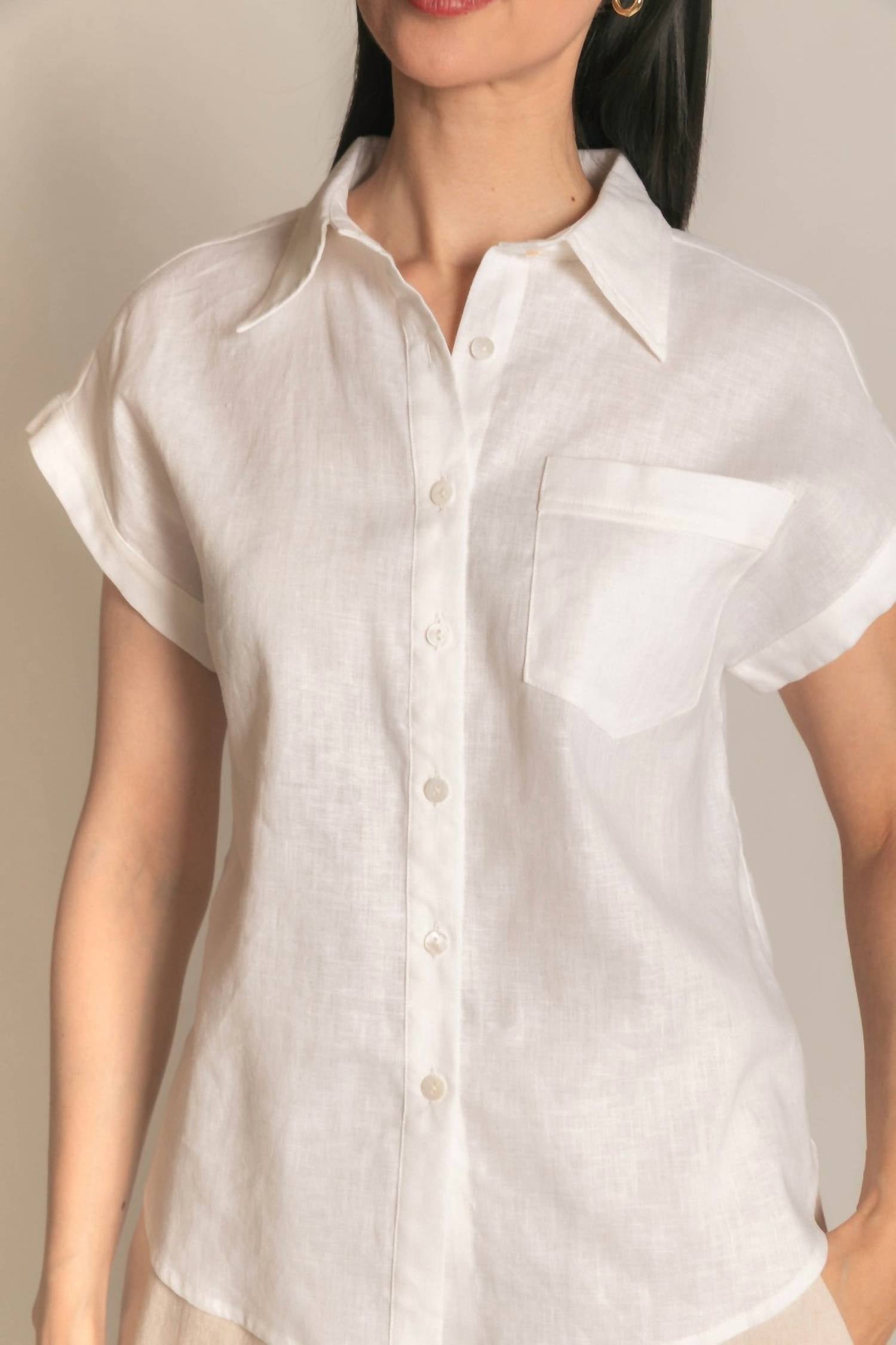 P.CILL Linen Relaxed Short Sleeve Button Up Shirt in white - women's shirt - view 6