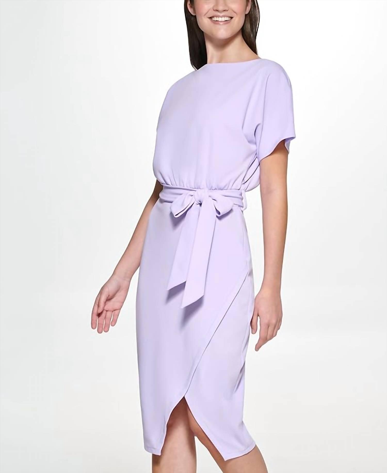 kensie Crepe Scuba Wrap Midi Dress in lavender - women's dress - view 4