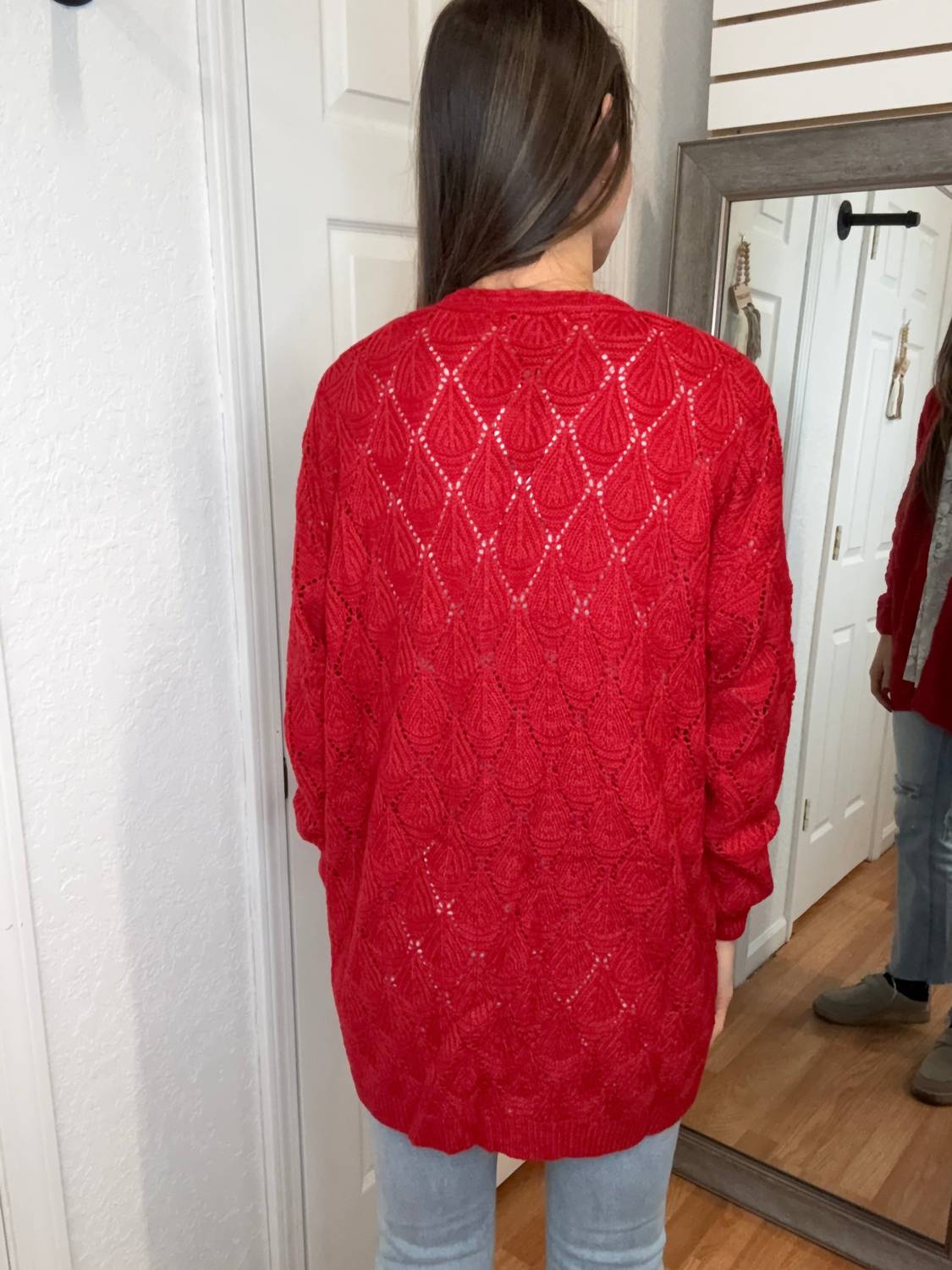 Michelle Mae Romona Open Knit Cardigan in red - women's cardigan - detail view