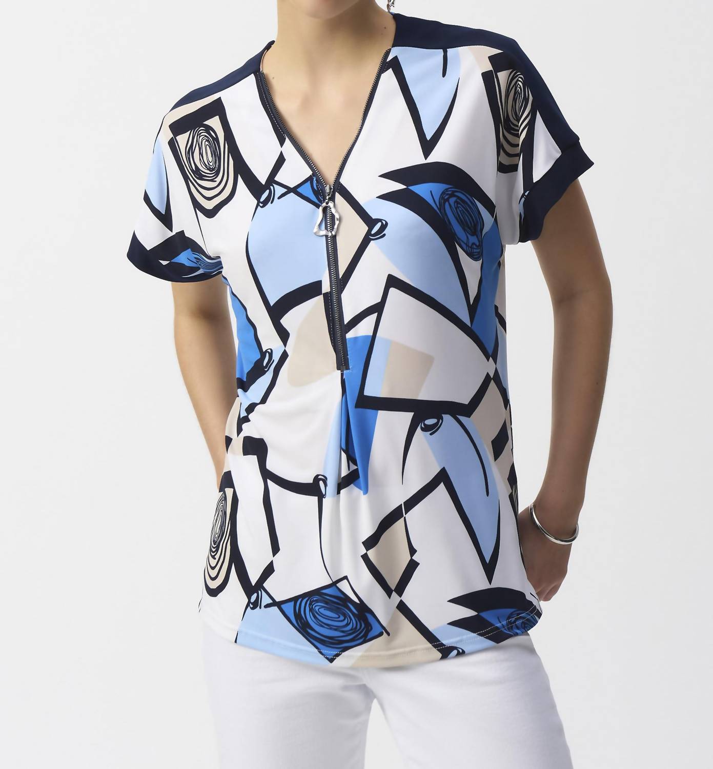 Joseph Ribkoff Geometric Print Straight Top in vanilla multi - women's blouse