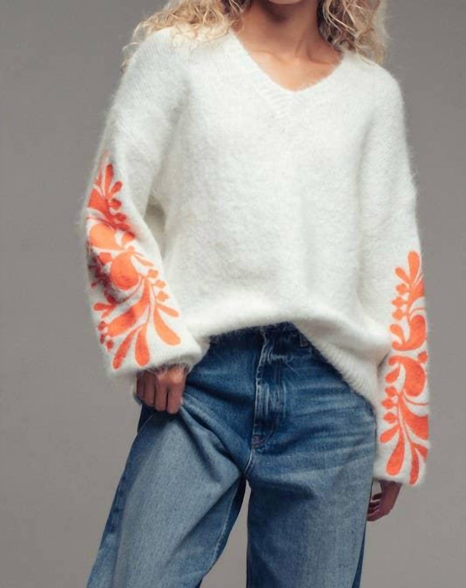 Urban Daizy Floral Detail Sleeve Fuzzy Sweater in white orange - women's sweater