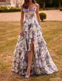 Sherri Hill Ruffle Skirt Strapless Floral Dress in ivory purple green print - women's dress
