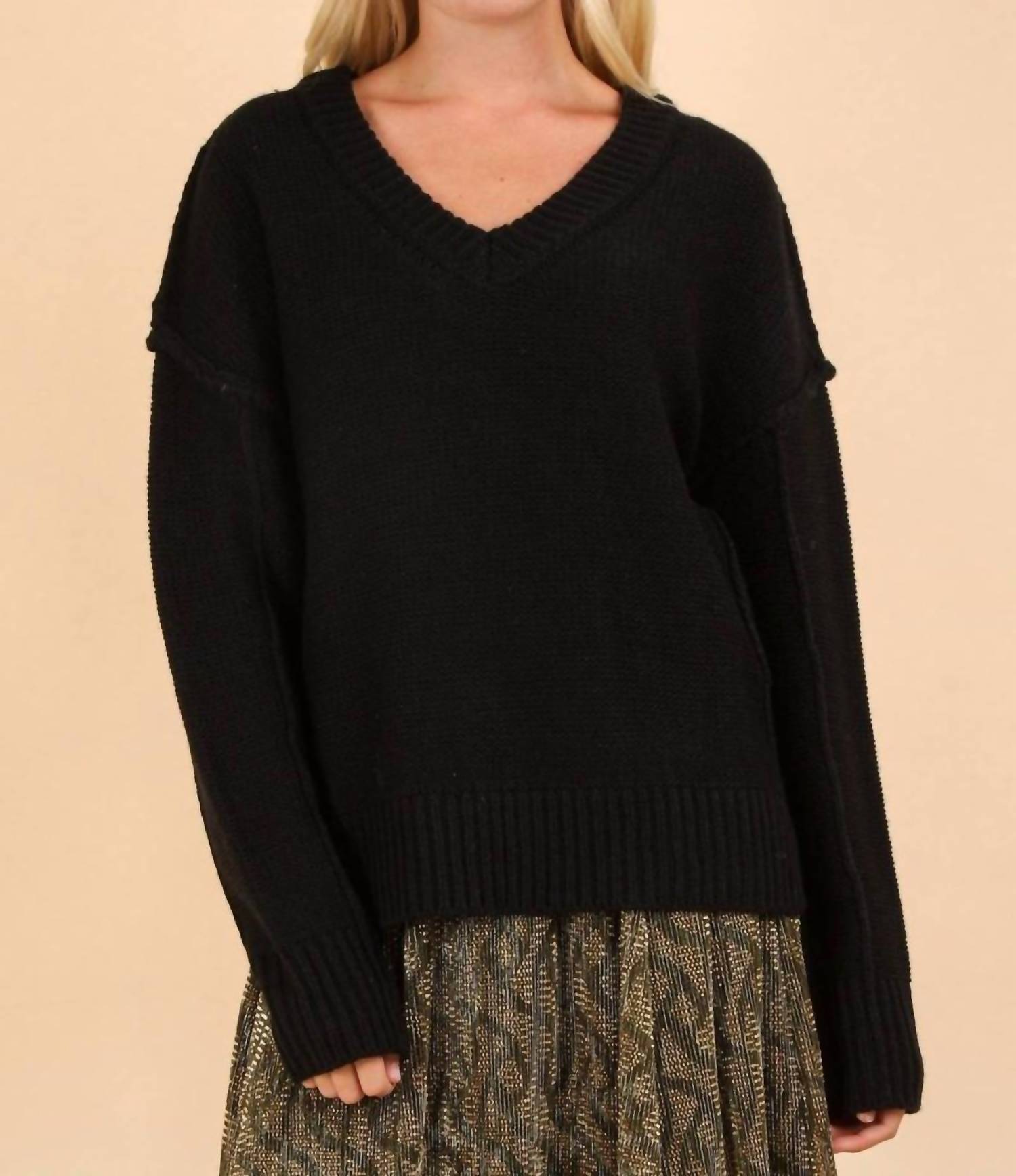 Very J - Women's Oversized Chunky V Neck Knit Sweater