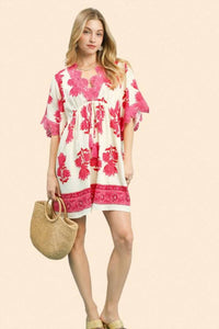 Umgee - Abstract Print V-Neck Tiered Mini Dress
