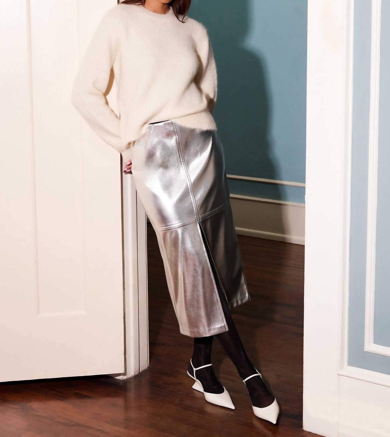 Fifteen Twenty - Kaia Faux Leather Front Slit Midi Skirt