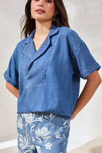 Tribal - Flowy Popover Denim Shirt With Short Sleeves