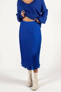 Before You - Cobalt Pleated Satin Midi Skirt