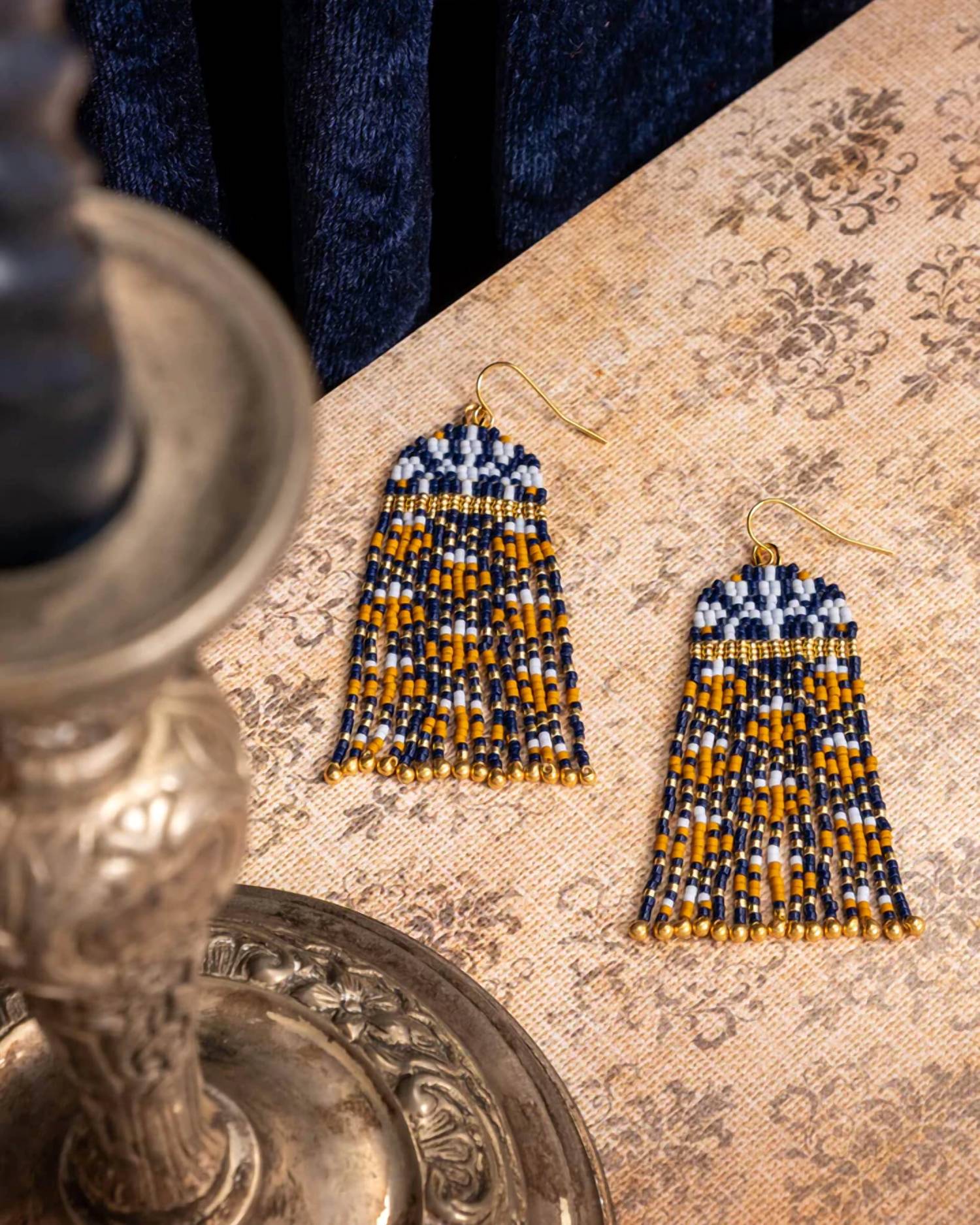 Mayana Designs Women's Brocade Garden Earrings in blue mustard - women's jewelry - detail view