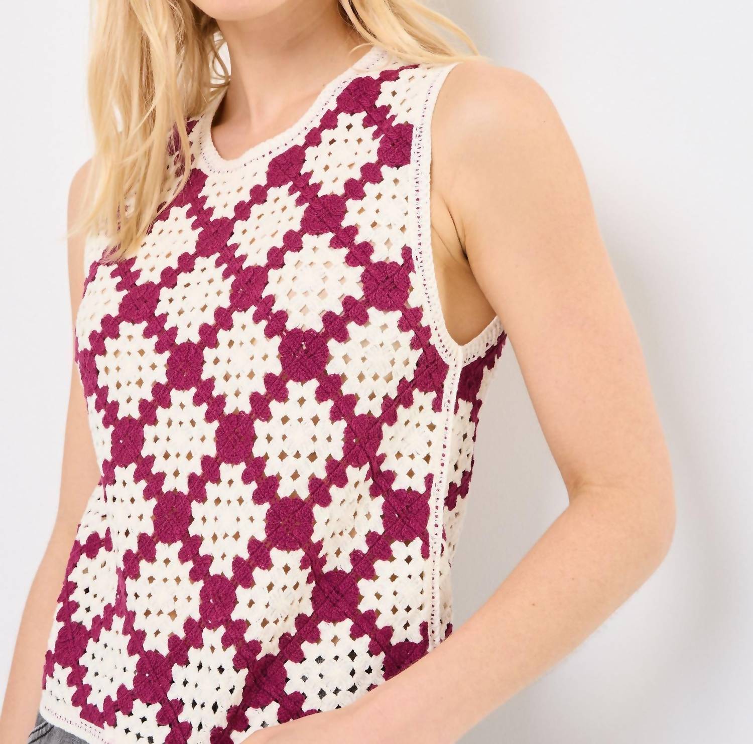Suncoo Perida Crochet Tank Top in prune and cream - women's tank top - alternate view