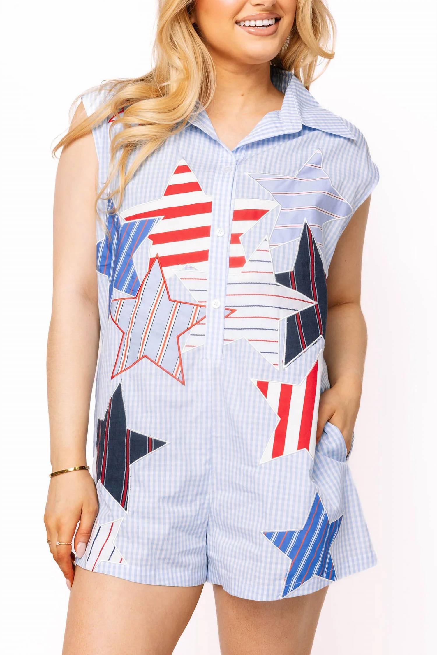 Queen Of Sparkles - Usa Stripe Patch Stars Romper