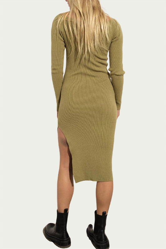 RIBBED-KNIT SWEETHEART-NECK MIDI DRESS