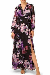 Adrianna Papell - Collared V-neck Floral Print Georgette Gown