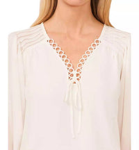 CeCe Long Sleeve Tie Up V-neck Blouse in off white - women's blouse - alternate view