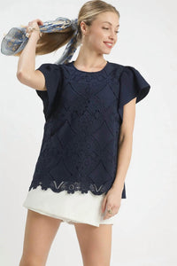 Umgee - Floral Lace Overlay Flutter Sleeve Top