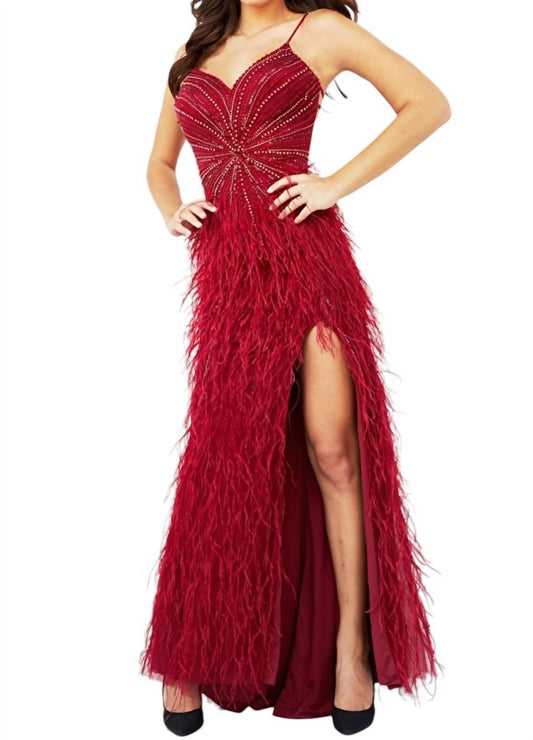 Jovani - SLEEVELESS BEADED BODICE FEATHER SKIRT DRESS