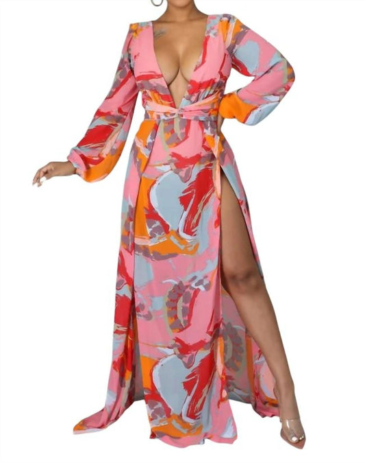 Luxxel - Long Sleeve Plunge Maxi Dress